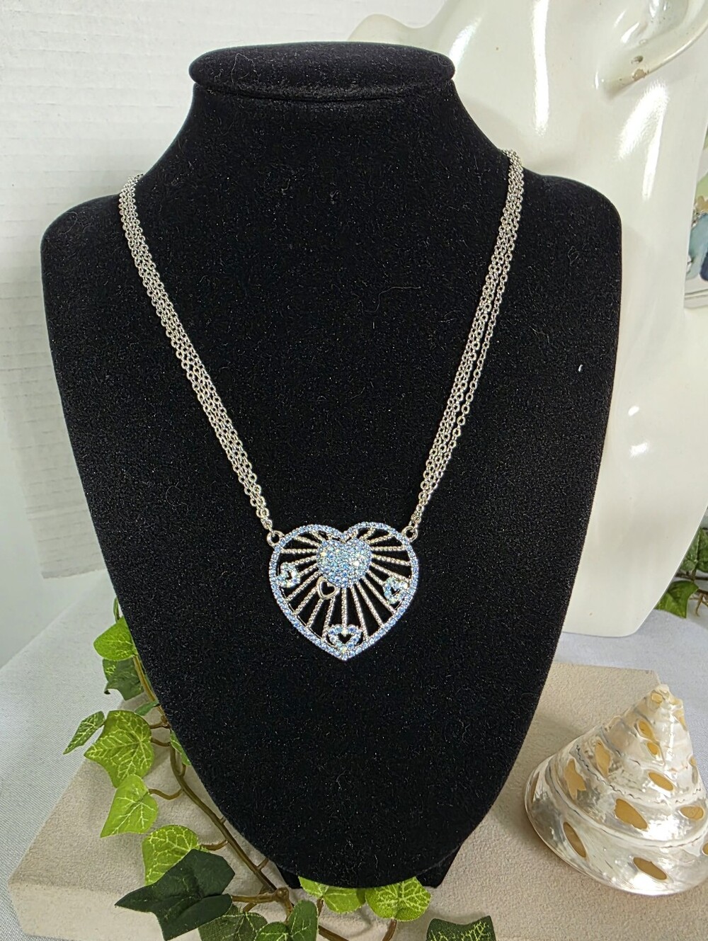 Sparkling Blue Crystal Heart Statement Necklace - Silver Tone